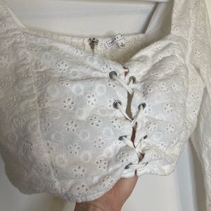 White Lace Crop Top Long Sleeve Lace Up Corset with Zipper Elegant Gypsy